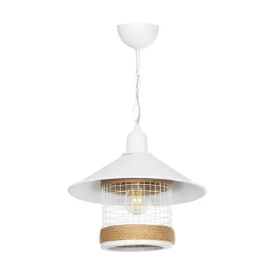 LEDTM® GLORA 201-0089 Vintage Κρεμαστό Φωτιστικό Καμπάνα Μονόφωτο 1 x E27 IP20 Λευκο Μέταλλο με Μπεζ Σχοινί - Μ30 x Π30 x Υ29cm - Image 4