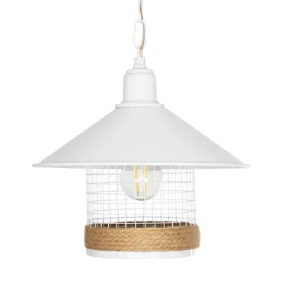 LEDTM® GLORA 201-0089 Vintage Κρεμαστό Φωτιστικό Καμπάνα Μονόφωτο 1 x E27 IP20 Λευκο Μέταλλο με Μπεζ Σχοινί - Μ30 x Π30 x Υ29cm - Image 5