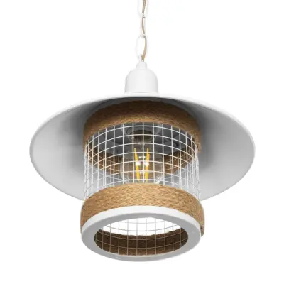 LEDTM® GLORA 201-0089 Vintage Κρεμαστό Φωτιστικό Καμπάνα Μονόφωτο 1 x E27 IP20 Λευκο Μέταλλο με Μπεζ Σχοινί - Μ30 x Π30 x Υ29cm - Image 6