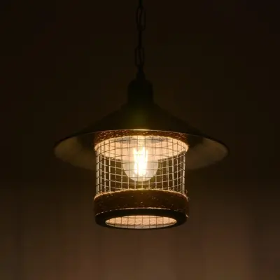 LEDTM® GLORA 201-0090 Vintage Κρεμαστό Φωτιστικό Καμπάνα Μονόφωτο 1 x E27 IP20 Μαύρο Μέταλλο με Μπεζ Σχοινί - Μ30 x Π30 x Υ29cm - Image 3