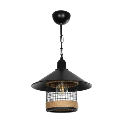 LEDTM® GLORA 201-0090 Vintage Κρεμαστό Φωτιστικό Καμπάνα Μονόφωτο 1 x E27 IP20 Μαύρο Μέταλλο με Μπεζ Σχοινί - Μ30 x Π30 x Υ29cm - Image 4