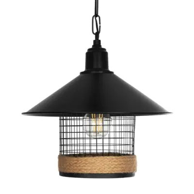 LEDTM® GLORA 201-0090 Vintage Κρεμαστό Φωτιστικό Καμπάνα Μονόφωτο 1 x E27 IP20 Μαύρο Μέταλλο με Μπεζ Σχοινί - Μ30 x Π30 x Υ29cm - Image 5