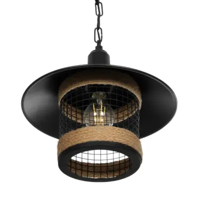 LEDTM® GLORA 201-0090 Vintage Κρεμαστό Φωτιστικό Καμπάνα Μονόφωτο 1 x E27 IP20 Μαύρο Μέταλλο με Μπεζ Σχοινί - Μ30 x Π30 x Υ29cm - Image 6