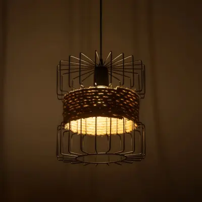 LEDTM® ORB 201-0096 Vintage Κρεμαστό Φωτιστικό Πλέγμα Μονόφωτο 1 x E27 IP20 Μαύρο Μέταλλο με Μπεζ Σχοινί - Μ27 x Π27 x Υ31cm - Image 3