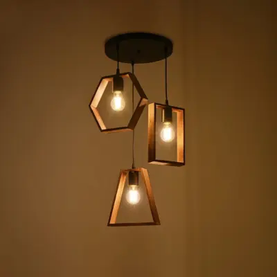 LEDTM® EMBER 201-0102 Vintage Κρεμαστό Φωτιστικό Φιγούρα Τρίφωτο 3 x E27 IP20 Μαύρο Μέταλλο με Καφέ Ξύλο - Μ50 x Π50 x Υ70cm - Image 3