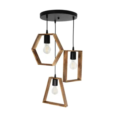 LEDTM® EMBER 201-0102 Vintage Κρεμαστό Φωτιστικό Φιγούρα Τρίφωτο 3 x E27 IP20 Μαύρο Μέταλλο με Καφέ Ξύλο - Μ50 x Π50 x Υ70cm - Image 4