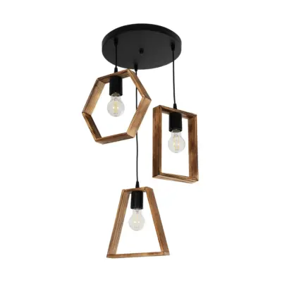 LEDTM® EMBER 201-0102 Vintage Κρεμαστό Φωτιστικό Φιγούρα Τρίφωτο 3 x E27 IP20 Μαύρο Μέταλλο με Καφέ Ξύλο - Μ50 x Π50 x Υ70cm - Image 5