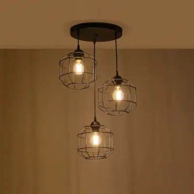 LEDTM® RAYNO 201-0108 Vintage Κρεμαστό Φωτιστικό Πλέγμα Τρίφωτο 3 x E27 IP20 Μαύρο Μέταλλο - Μ42 x Π42 x Υ60cm - Image 3