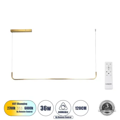 LEDTM® LINARIA 60923 Μοντέρνο Κρεμαστό Φωτιστικό Οροφής LED 36W 4150lm 180° AC 220-240V IP20 Ρυθμιζόμενο Λευκό CCT με Χειριστήριο από 2700K έως 6000K Dimmable - Lumileds SMD Chip - Χρυσό Βούρτσας - Μ120 x Π2 x Υ10cm - 3 Χρόνια Εγγύηση
