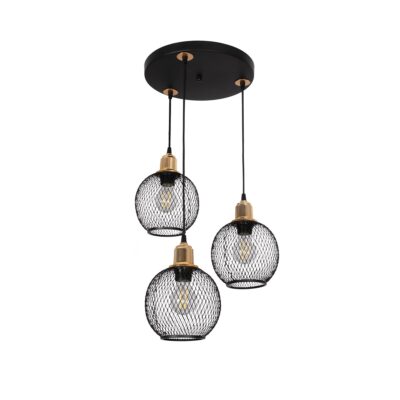 LEDTM® VIVIDUS 201-0020 Vintage Κρεμαστό Φωτιστικό Πλέγμα Τρίφωτο 3 x E27 IP20 Μαύρο & Χρυσό Μέταλλο - Μ40 x Π40 x Υ60cm