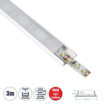 LEDTM® CURVED-PROFILE 70802-3M Προφίλ Αλουμινίου - Βάση & Ψύκτρα Ταινίας LED με Λευκό Γαλακτερό Κάλυμμα - Επιφανειακή Χρήση - Εύκαμπτο με Δυνατότητα Κυρτής Τοποθέτησης - Πατητό Κάλυμμα - Ασημί - 3 Μέτρα - Πακέτο 5 Τεμαχίων - Μ300 x Π1.8 x Υ0.5cm