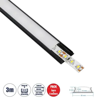 LEDTM® CURVED-PROFILE 70804-3M Προφίλ Αλουμινίου - Βάση & Ψύκτρα Ταινίας LED με Λευκό Γαλακτερό Κάλυμμα - Επιφανειακή Χρήση - Εύκαμπτο με Δυνατότητα Κυρτής Τοποθέτησης - Πατητό Κάλυμμα - Μαύρο - 3 Μέτρα - Πακέτο 5 Τεμαχίων - Μ300 x Π1.8 x Υ0.5cm