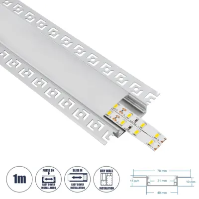 LEDTM® ALP-PLASTERIN GYPSO 70861-1M Χωνευτό Προφίλ Αλουμινίου Ειδικό για Γυψοσανίδα με Λευκό Γαλακτερό Πατητό Κάλυμμα για Ταινίες LED IP20 - Ασημί - Μ100 x Π7.8 x Υ1.4cm