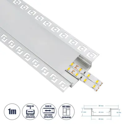 LEDTM® ALP-PLASTERIN GYPSO 70862-1M Χωνευτό Προφίλ Αλουμινίου Ειδικό για Γυψοσανίδα με Λευκό Γαλακτερό Πατητό Κάλυμμα για Ταινίες LED IP20 - Ασημί - Μ100 x Π8.8 x Υ2cm