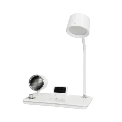 LEDTM® OLDY 76557 Μοντέρνο Επιτραπέζιο Φωτιστικό Γραφείου με Ασύρματη Φόρτιση 15W 3A, 5W Bluetooth Ηχείο & Ψηφιακό Ρολόι LED 3W 300lm 120° DC 5V με USB-C IP20 Ρυθμιζόμενο Λευκό CCT με Αφή 2700K/4500K/6000K Dimmable - Sanan SMD Chip - Λευκό - Μ13 x Π25 x Υ38cm - 2 Χρόνια Εγγύηση