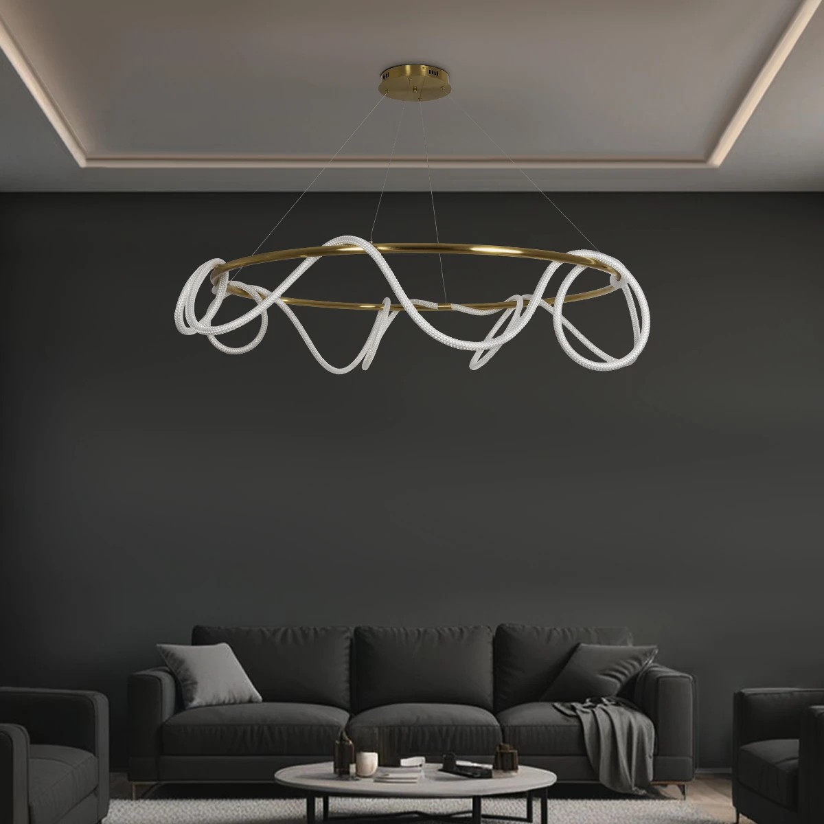 Alternative view of kelvo® GLOW KLV-101-0165 Κρεμαστό Φωτιστικό Οροφής LED 100W 10000lm 360° AC 220-240V IP20 Ρυθμιζόμενο Λευκό CCT με Χειριστήριο από 2700K έως 6000K Dimmable - Lumileds SMD Chip - Χρυσό Πλατίνα - Μ150 x Π150 x Υ100cm - 3 Χρόνια Εγγύηση