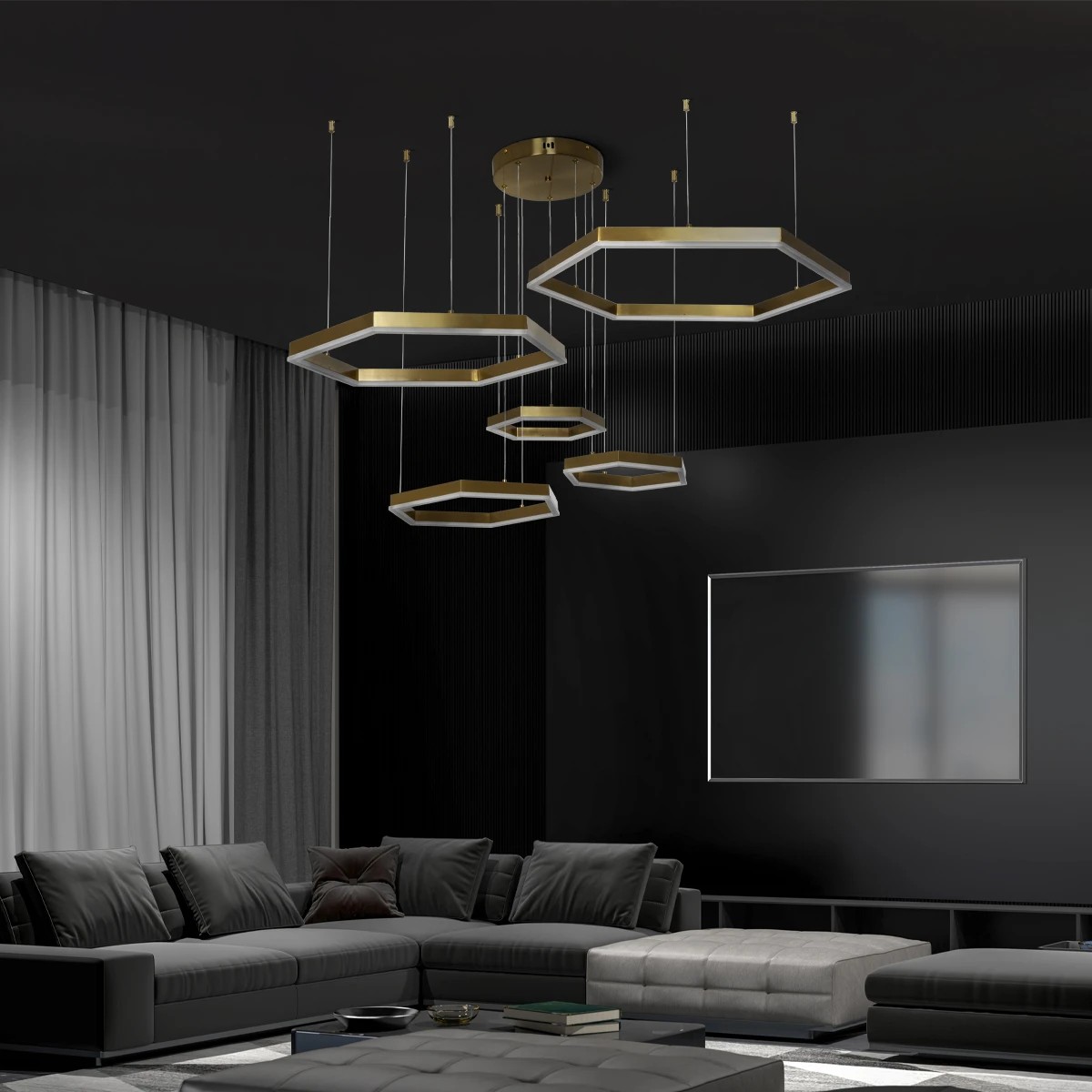 Alternative view of kelvo® LEXAGON KLV-101-0180 Κρεμαστό Φωτιστικό Οροφής LED 120W 12000lm 200° AC 220-240V IP20 Ρυθμιζόμενο Λευκό CCT με Χειριστήριο από 2700K έως 6000K Dimmable - Lumileds SMD Chip - Χρυσό Πλατίνα - Μ110 x Π90 x Υ110cm - 3 Χρόνια Εγγύηση