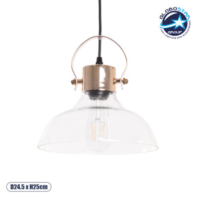 LEDTM® JAVER 00933 Vintage Κρεμαστό Φωτιστικό Οροφής με Ντουί 1 x E27 AC 220-240V IP20 - Διάφανο & Ροζ Χρυσό - Μ24.5 x Π24.5 x Υ25cm