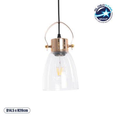 LEDTM® JAVER 00934 Vintage Κρεμαστό Φωτιστικό Οροφής με Ντουί 1 x E27 AC 220-240V IP20 - Διάφανο & Ροζ Χρυσό - Μ14.5 x Π14.5 x Υ28cm