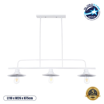 LEDTM® REGAL 01010 Vintage Φωτιστικό Οροφής με Ντουί 3 x E27 AC 220-240V IP20 - Λευκό - Μ110 x Π26 x Υ75cm
