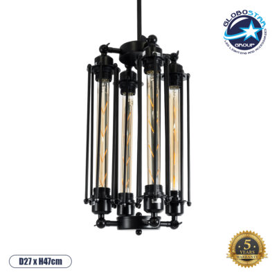 LEDTM® TUBING 01013 Vintage Κρεμαστό Φωτιστικό Οροφής με Ντουί 4 x E27 AC 220-240V IP20 - Μαύρο - Μ27 x Π27 x Y47cm