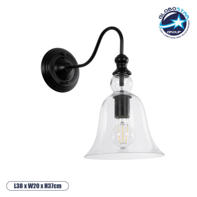 LEDTM® LILLY 01064 Vintage Φωτιστικό Τοίχου - Απλίκα με Ντουί 1 x E27 AC 220-240V IP20 - Μαύρο & Διάφανο - Μ38 x Π20 x Υ37cm