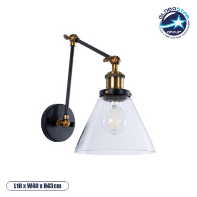 LEDTM® BINGLEY 01068 Vintage Φωτιστικό Τοίχου - Απλίκα με Ντουί 1 x E27 AC 220-240V IP20 - Διάφανο & Χρυσό - Μ18 x Π40 x Υ43cm