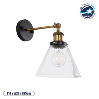 LEDTM® BINGLEY 01074 Vintage Φωτιστικό Τοίχου - Απλίκα με Ντουί 1 x E27 AC 220-240V IP20 - Διάφανο & Χρυσό - Μ18 x Π28 x Υ25cm