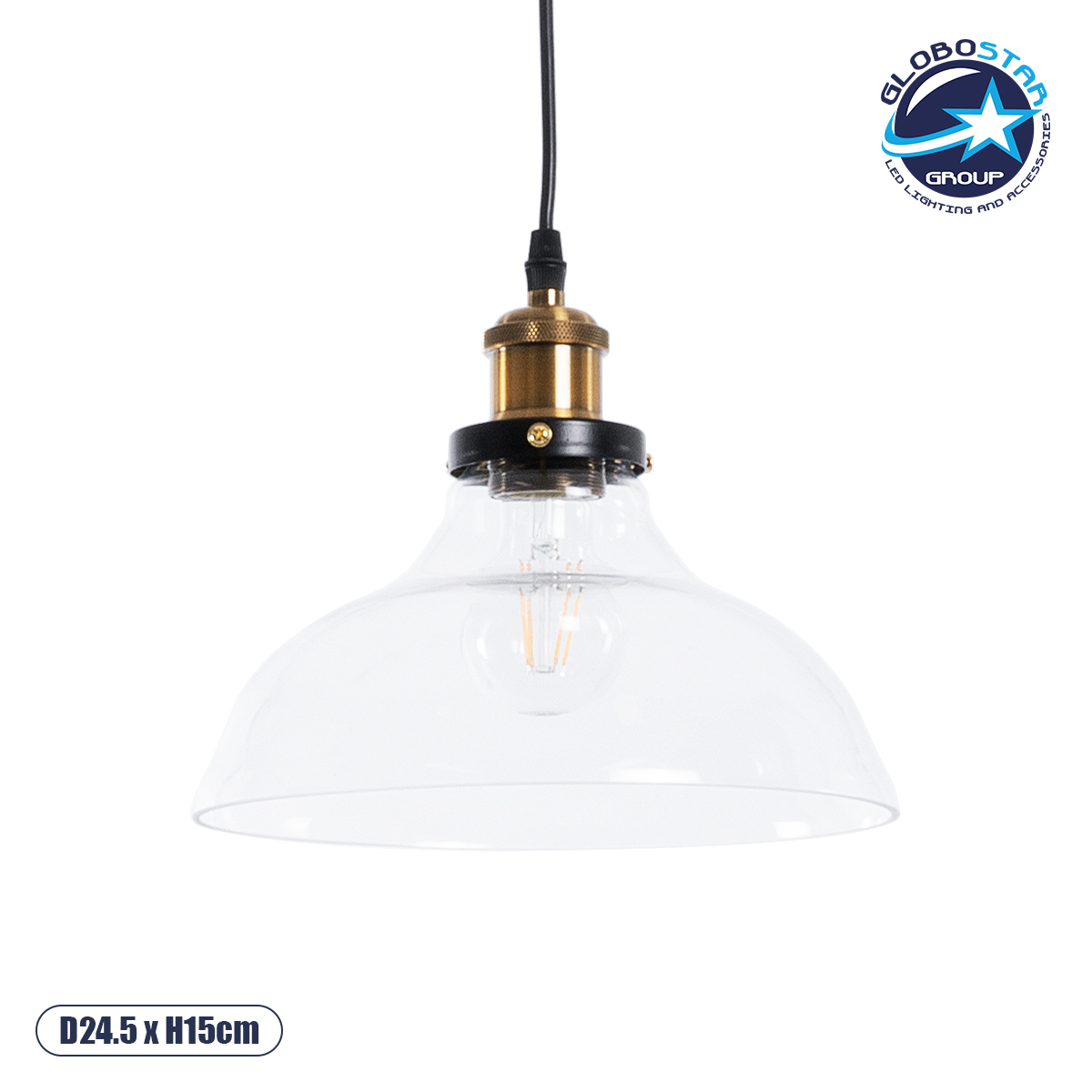 LEDTM® WICKHAM 01075 Vintage Κρεμαστό Φωτιστικό Οροφής με Ντουί 1 x E27 AC 220-240V IP20 - Διάφανο & Χρυσό - Μ24.5 x Π24.5 x Υ15cm