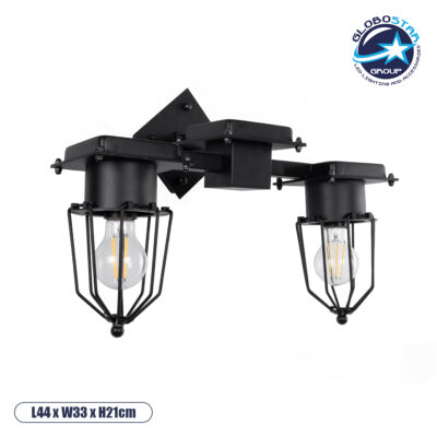 LEDTM® TORO 01079 Vintage Φωτιστικό Τοίχου - Απλίκα με Ντουί 2 x E27 AC 220-240V IP20 - Μαύρο - Μ44 x Π33 x Υ21cm