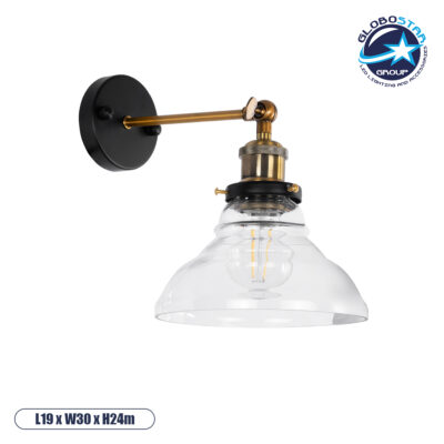 LEDTM® BINGLEY 01159 Vintage Φωτιστικό Τοίχου - Απλίκα με Ντουί 1 x E27 AC 220-240V IP20 - Διάφανο & Χρυσό - Μ19 x Π30 x Υ24cm