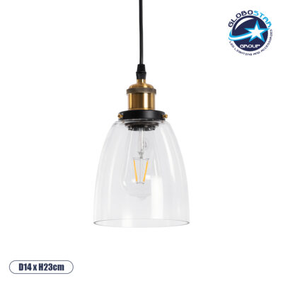 LEDTM® WICKHAM 01168 Vintage Κρεμαστό Φωτιστικό Οροφής με Ντουί 1 x E27 AC 220-240V IP20 - Χρυσό & Διάφανο - Μ14 x Π14 x Y23cm