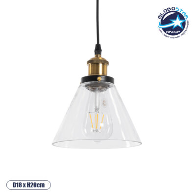 LEDTM® BINGLEY 01169 Vintage Κρεμαστό Φωτιστικό Οροφής με Ντουί 1 x E27 AC 220-240V IP20 - Διάφανο & Χρυσό - Μ18 x Π18 x Υ20cm