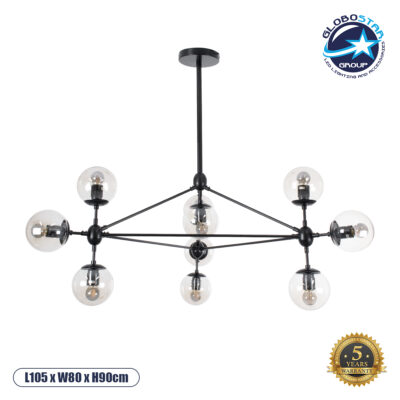 LEDTM® SENTINEL 01636 Μοντέρνο Φωτιστικό Οροφής με Ντουί 10 x E27 AC 220-240V IP20 - Μαύρο & Διάφανο - Μ105 x Π80 x Υ90cm