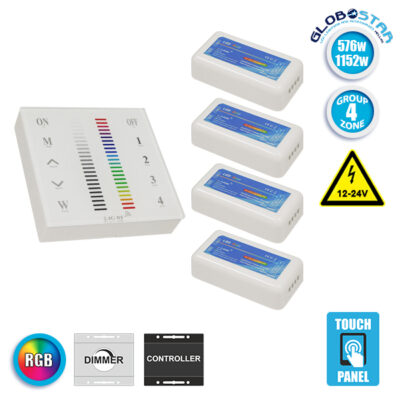 Ασύρματος LED RGB Controller με Χειριστήριο Τοίχου Αφής 2.4G RF 12v (576w) - 24v (1152w) DC για Τέσσερα Group LEDTM 04054