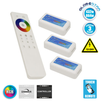 Ασύρματος LED RGB Controller με Χειριστήριο Αφής 2.4G RF για Τρία Group 12v (432w) - 24v (864w) DC LEDTM 04242