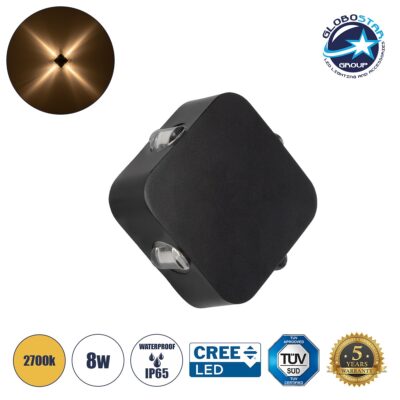 LEDTM® LUZ 60688 Μοντέρνο Φωτιστικό Τοίχου - Απλίκα LED 8W 1000lm 10° AC 220-240V Αδιάβροχο IP65 Θερμό Λευκό 2700K - CREE XPE Chip & TÜV SÜD Driver - Μαύρο Ματ - Μ13.5 x Π4.5 x Υ13.5cm - 5 Χρόνια Εγγύηση
