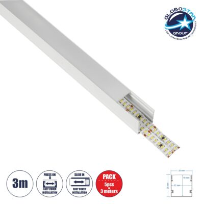 LEDTM® ALP-LINEAR GLOWTRACK 61796-3M Επιφανειακό Προφίλ Αλουμινίου με Λευκό Γαλακτερό Πατητό Κάλυμμα για Ταινίες LED IP20 - Λευκό Ματ - Μ300 x Π2 x Υ2cm - Πακέτο 5 Τεμαχίων