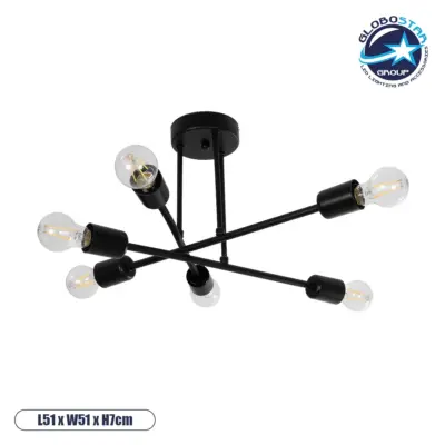 LEDTM® LAMIRA 201-0029 Μοντέρνο Φωτιστικό Οροφής με Ντουί 6 x E27 AC 220-240V IP20 - Μαύρο - Μ51 x Π51 x Υ7cm