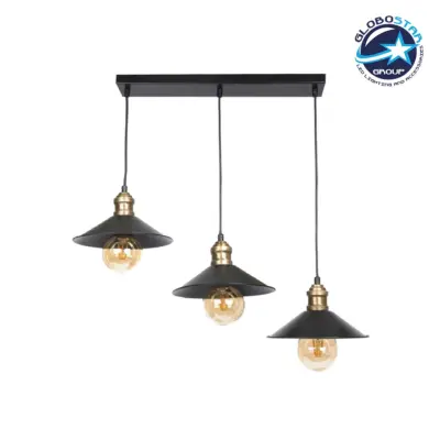 LEDTM® LUCANA 201-0044 Vintage Κρεμαστό Φωτιστικό Οροφής με Ντουί 3 x E27 AC 220-240V IP20 - Μαύρο & Χρυσό - Μ50 x Π25 x Υ75cm
