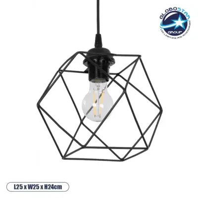 LEDTM® SOLIS 201-0045 Vintage Κρεμαστό Φωτιστικό Οροφής με Ντουί 1 x E27 AC 220-240V IP20 - Μαύρο - Μ25 x Π25 x Υ24cm