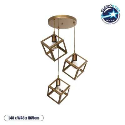 LEDTM® DISE 201-0057 Μοντέρνο Κρεμαστό Φωτιστικό Οροφής με Ντουί 3 x E27 AC 220-240V IP20 - Χρυσό - Μ48 x Π48 x Υ65cm