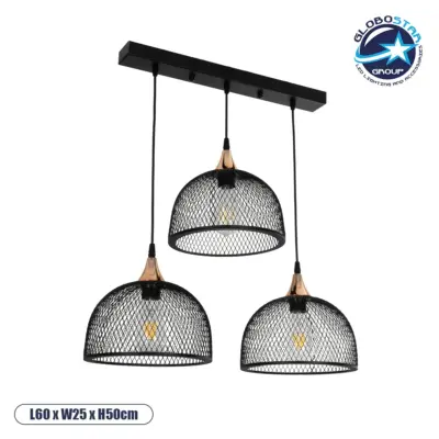 LEDTM® GLIND 201-0082 Vintage Κρεμαστό Φωτιστικό Οροφής με Ντουί 3 x E27 AC 220-240V IP20 - Μαύρο - Μ60 x Π25 x Υ50cm