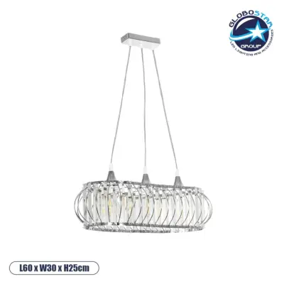 LEDTM® RAZIA 201-0101 Vintage Κρεμαστό Φωτιστικό Οροφής με Ντουί 3 x E27 AC 220-240V IP20 - Ασημί & Διάφανο - Μ60 x Π30 x Υ25cm