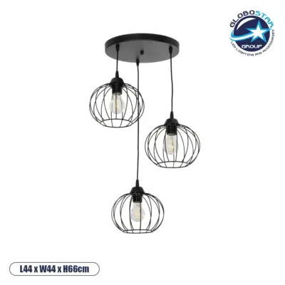 LEDTM® FLAMIA 201-0109 Vintage Κρεμαστό Φωτιστικό Οροφής με Ντουί 3 x E27 AC 220-240V IP20 - Μαύρο - Μ44 x Π44 x Υ66cm