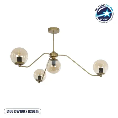 LEDTM® SUNRAY 201-0110 Vintage Φωτιστικό Οροφής με Ντουί 4 x E27 AC 220-240V IP20 - Χρυσό & Μελί - Μ100 x Π100 x Υ26cm