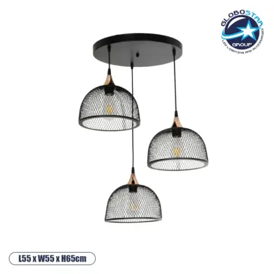 LEDTM® FLICKA 201-0113 Vintage Κρεμαστό Φωτιστικό Οροφής με Ντουί 3 x E27 AC 220-240V IP20 - Μαύρο & Χάλκινο - Μ55 x Π55 x Υ65cm