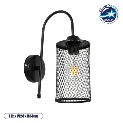 LEDTM® HANDANG 201-0123 Vintage Φωτιστικό Τοίχου - Απλίκα με Ντουί 1 x E27 AC 220-240V IP20 - Μαύρο - Μ12 x Π24 x Υ34cm