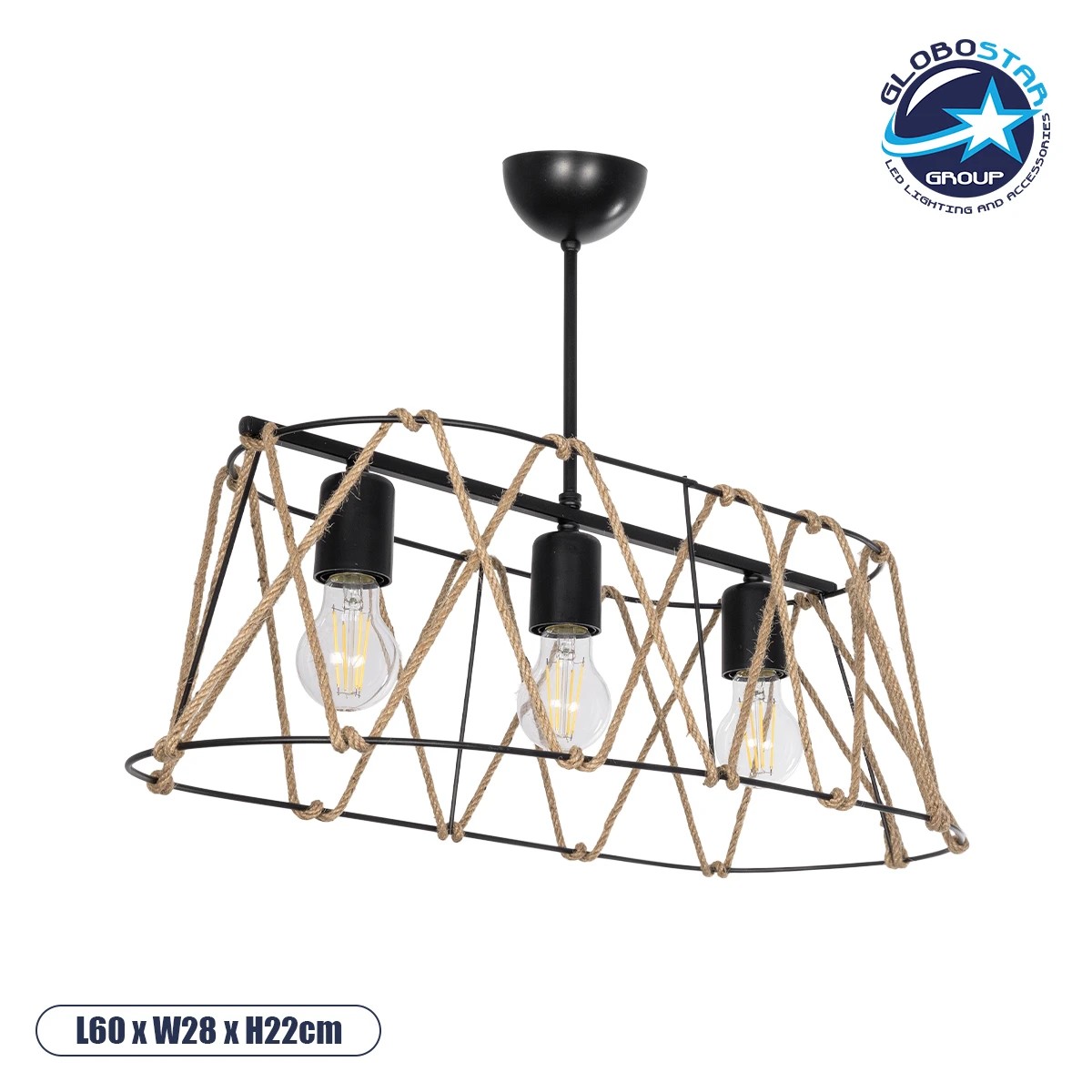 LEDTM® GATSBY 203-0006 Vintage Κρεμαστό Φωτιστικό Οροφής με Ντουί 3 x E27 AC 220-240V IP20 - Μαύρο & Μπεζ - Μ60 x Π28 x Υ22cm