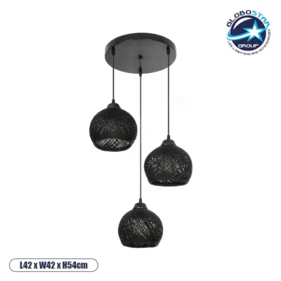 LEDTM® YASAM 203-0022 Vintage Κρεμαστό Φωτιστικό Οροφής με Ντουί 3 x E27 AC 220-240V IP20 - Μαύρο - Μ42 x Π42 x Υ54cm